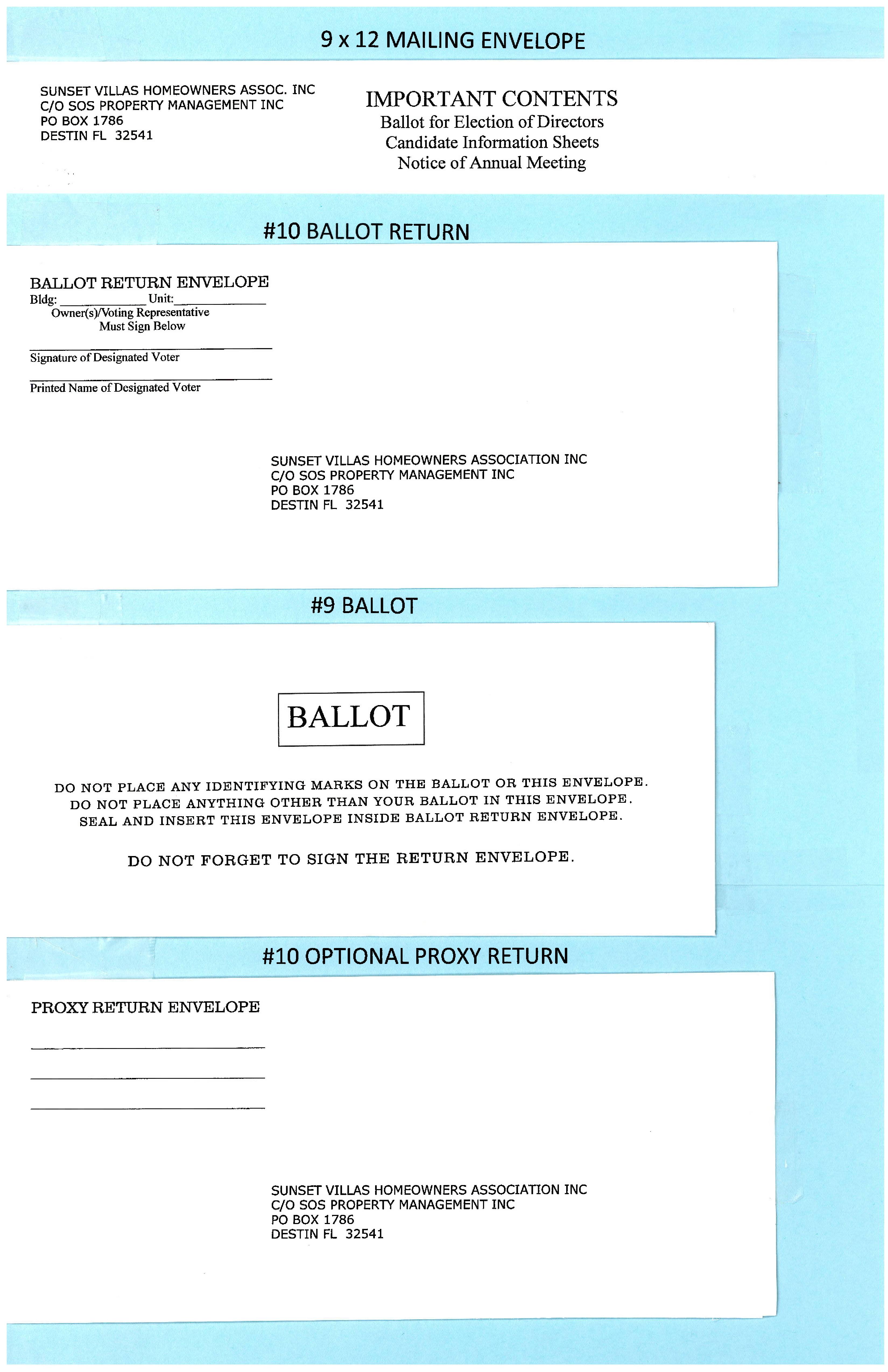 envelopes for annual owners association election